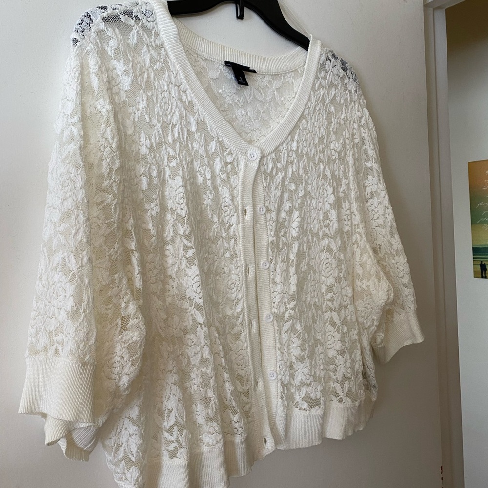 Off White Lace Button-Up Shrug